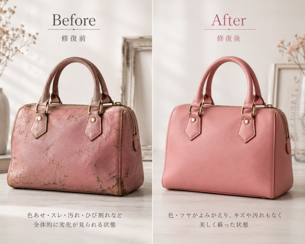 ピンクの革製鞄のビフォーアフター